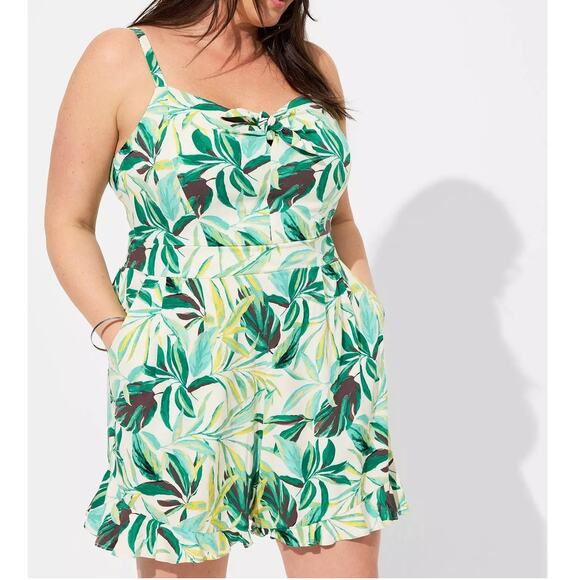 Torrid 5 (5X 28) Green Tropical Palm Tie Front Challis One Piece Shorts Romper - Picture 2 of 4